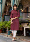 Juniper Women's Maroon Striped Printed Cotton Kurta With Button Detail | Grocsy