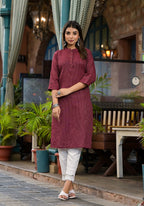 Juniper Women's Maroon Striped Printed Cotton Kurta With Button Detail | Grocsy