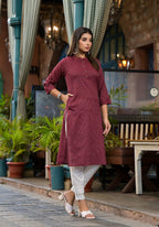 Juniper Women's Maroon Striped Printed Cotton Kurta With Button Detail | Grocsy