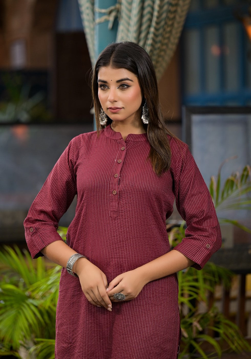 Juniper Women's Maroon Striped Printed Cotton Kurta With Button Detail | Grocsy