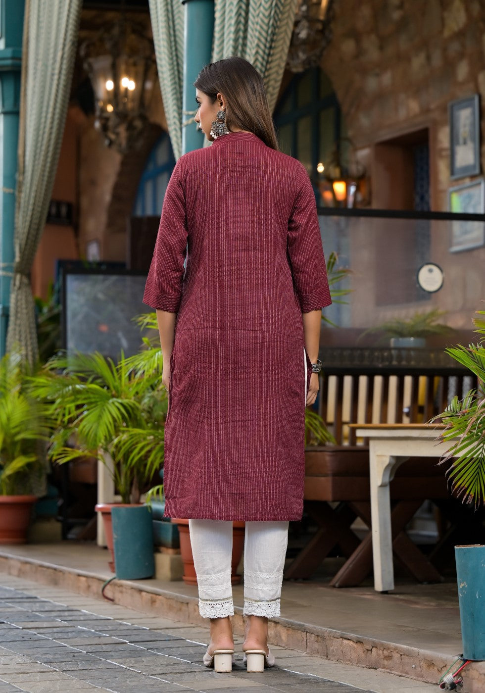 Juniper Women's Maroon Striped Printed Cotton Kurta With Button Detail | Grocsy
