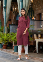 Juniper Women's Maroon Striped Printed Cotton Kurta With Button Detail | Grocsy