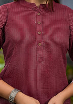 Juniper Women's Maroon Striped Printed Cotton Kurta With Button Detail | Grocsy
