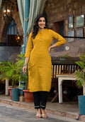 Juniper Women's Mustard Striped Printed Cotton Kurta With Button Detail | Grocsy