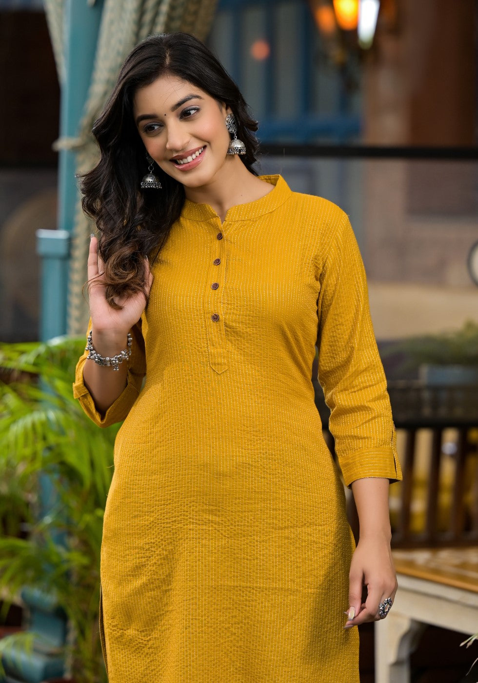 Juniper Women's Mustard Striped Printed Cotton Kurta With Button Detail | Grocsy