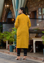 Juniper Women's Mustard Striped Printed Cotton Kurta With Button Detail | Grocsy