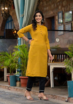 Juniper Women's Mustard Striped Printed Cotton Kurta With Button Detail | Grocsy