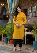 Juniper Women's Mustard Striped Printed Cotton Kurta With Button Detail | Grocsy