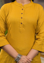 Juniper Women's Mustard Striped Printed Cotton Kurta With Button Detail | Grocsy