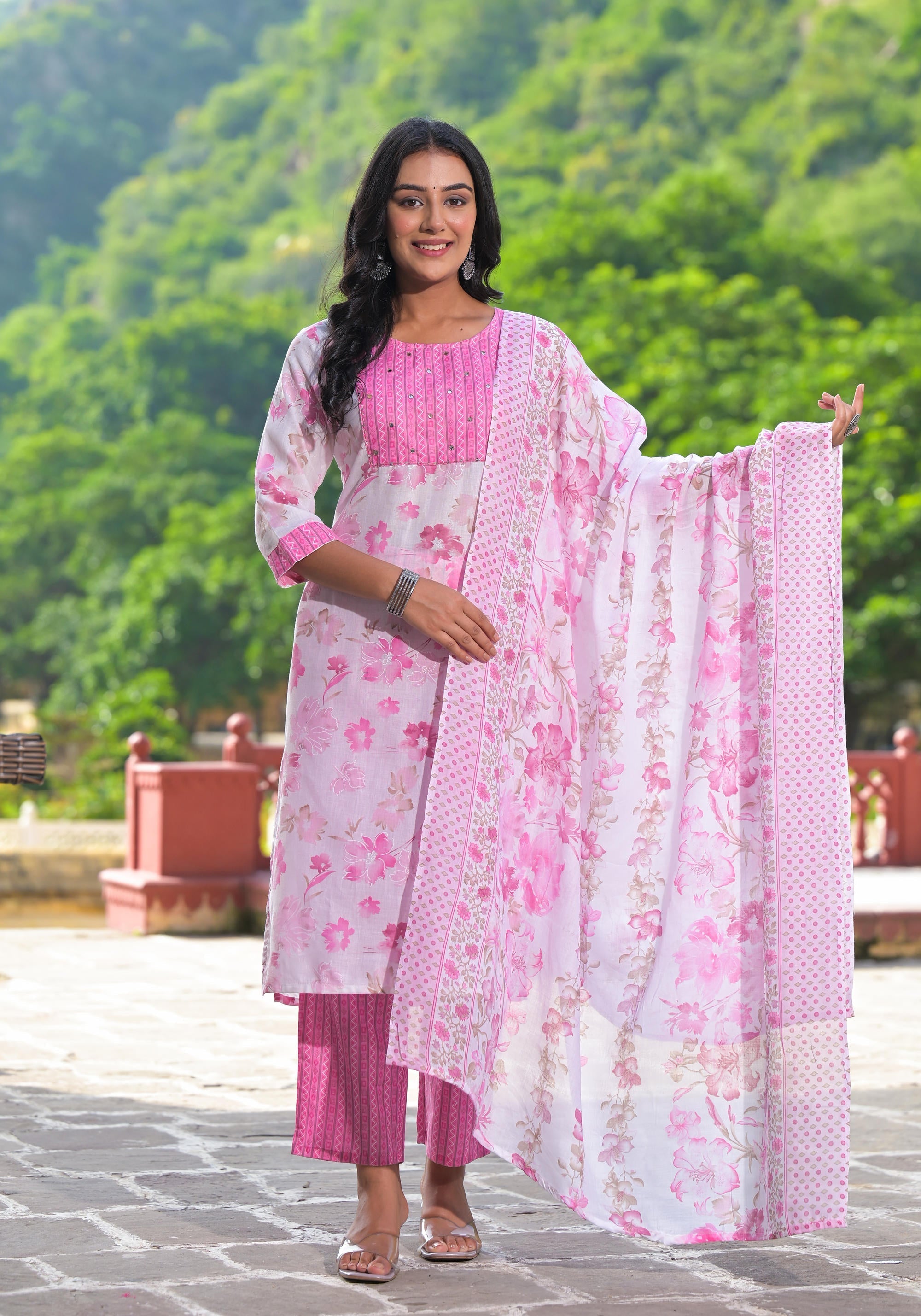 Juniper Women's Pink Pure Cotton Printed Kurta Set | Grocsy