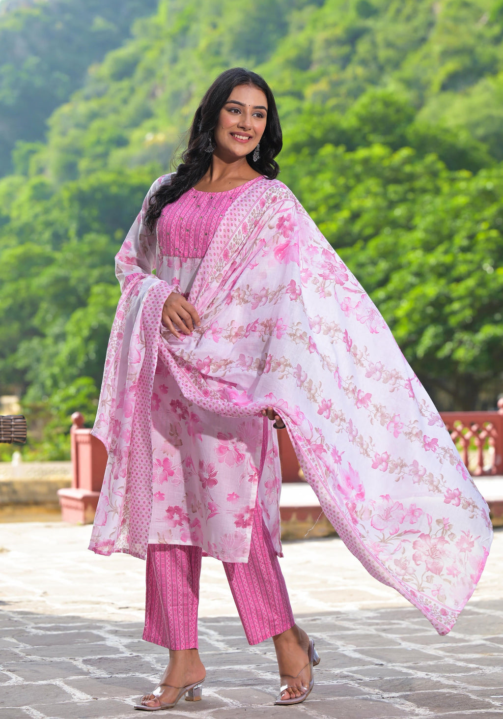 Juniper Women's Pink Pure Cotton Printed Kurta Set | Grocsy
