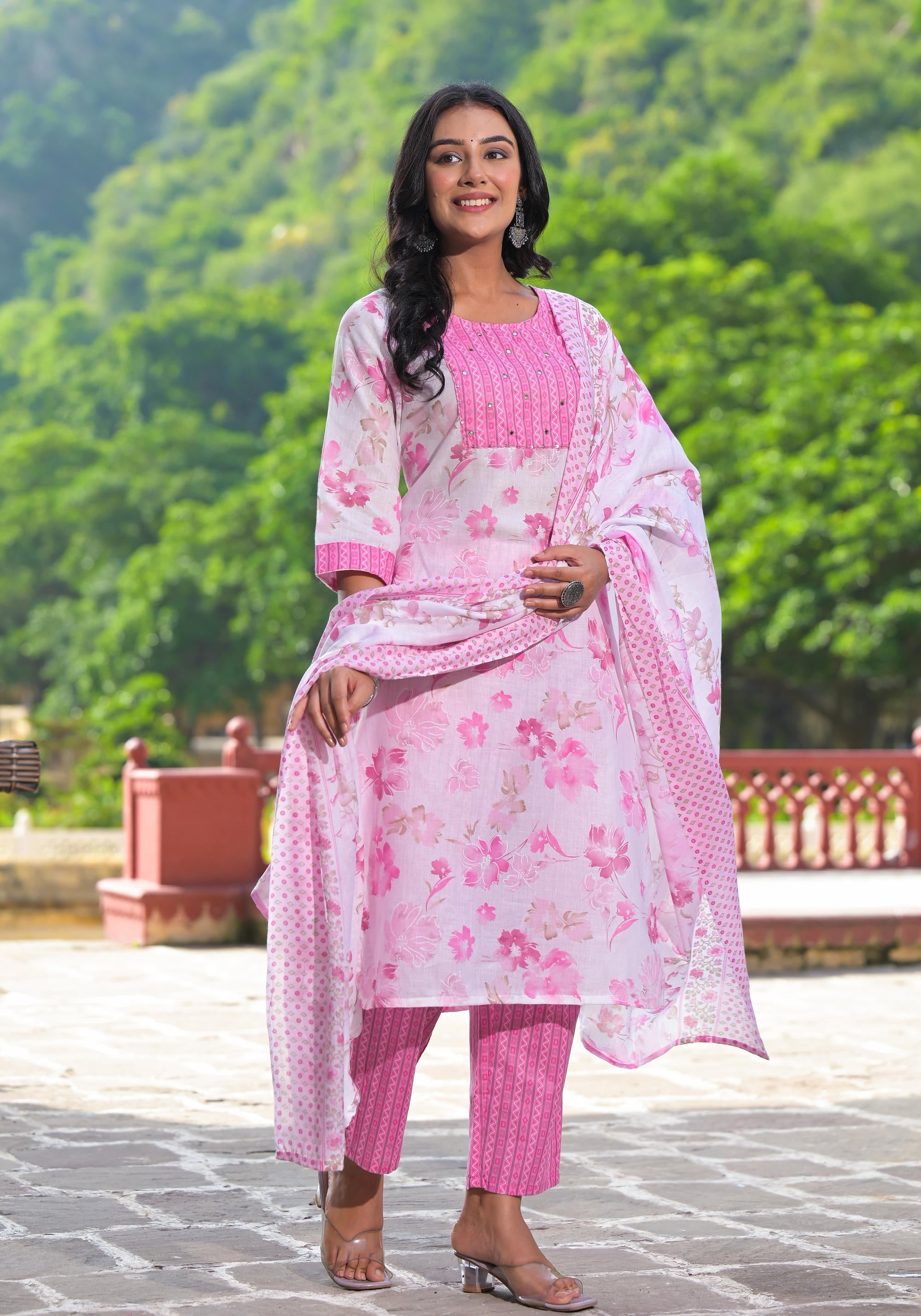 Juniper Women's Pink Pure Cotton Printed Kurta Set | Grocsy