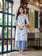 Juniper Women's Blue Floral Printed Cotton Kurta & Pant Set With Lace | Grocsy