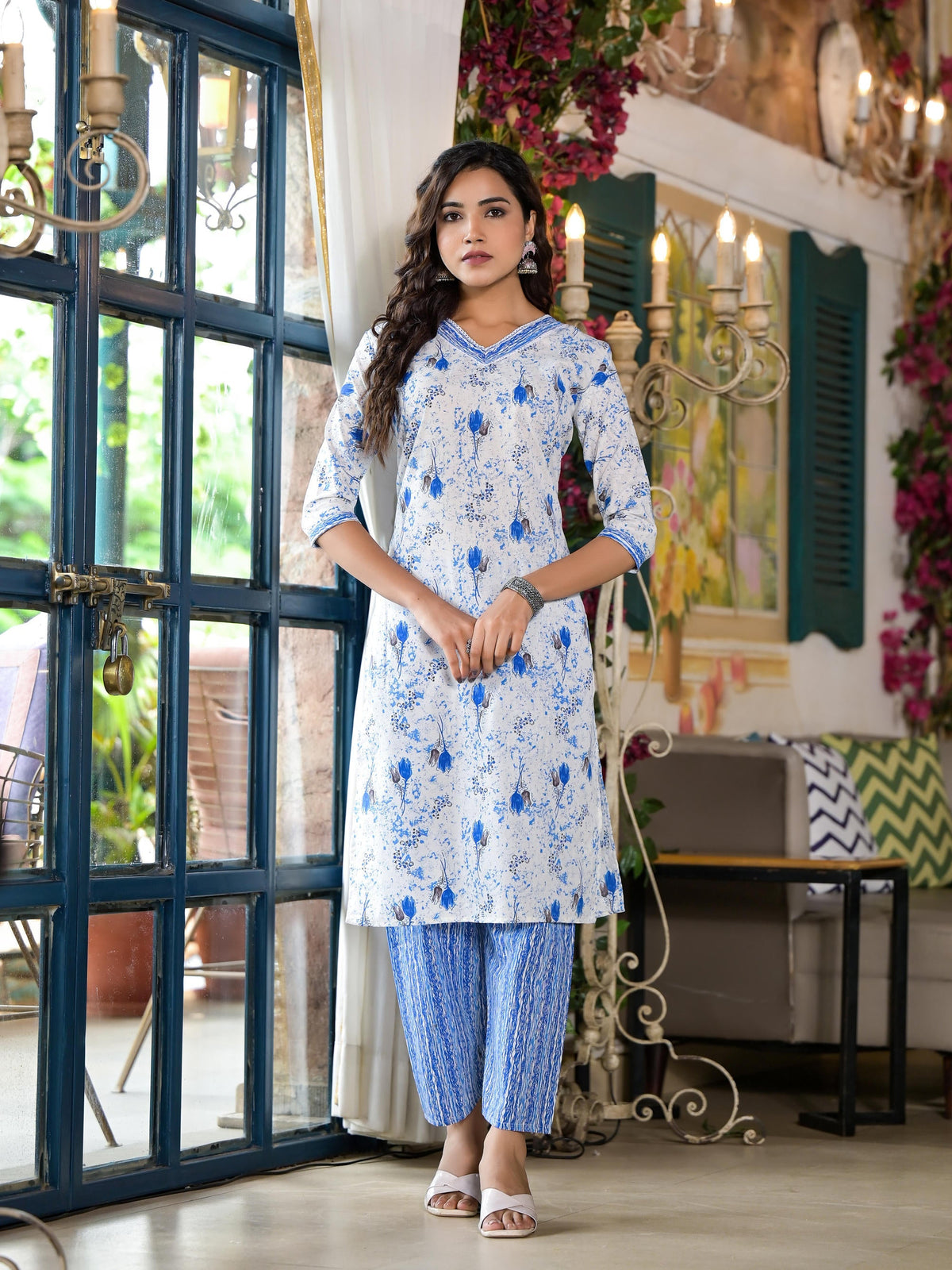 Juniper Women's Blue Floral Printed Cotton Kurta & Pant Set With Lace | Grocsy