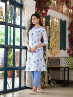 Juniper Women's Blue Floral Printed Cotton Kurta & Pant Set With Lace | Grocsy