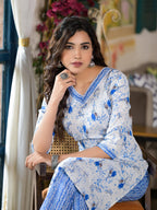 Juniper Women's Blue Floral Printed Cotton Kurta & Pant Set With Lace | Grocsy