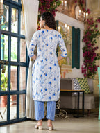 Juniper Women's Blue Floral Printed Cotton Kurta & Pant Set With Lace | Grocsy