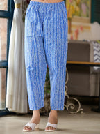 Juniper Women's Blue Floral Printed Cotton Kurta & Pant Set With Lace | Grocsy