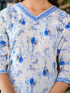 Juniper Women's Blue Floral Printed Cotton Kurta & Pant Set With Lace | Grocsy