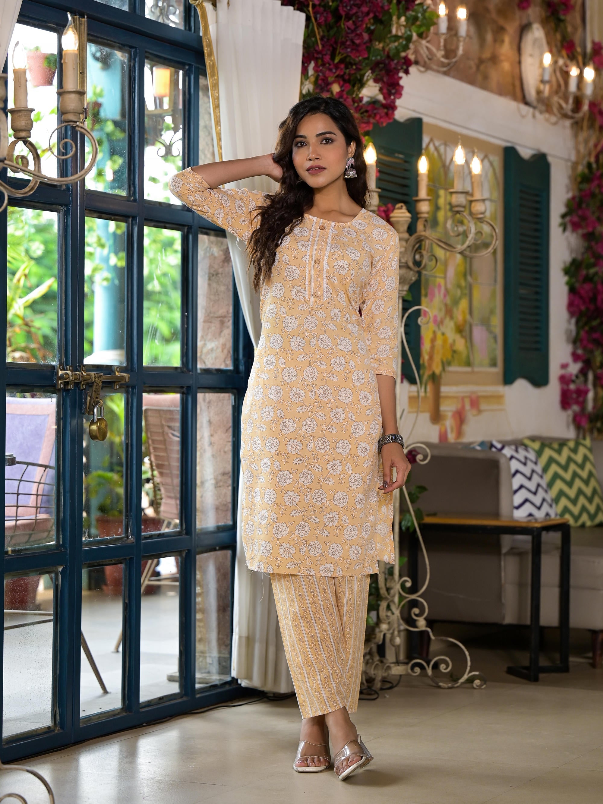 Juniper Women's Brown Floral Printed Cotton Kurta & Pant Set With Lace & Buttons | Grocsy