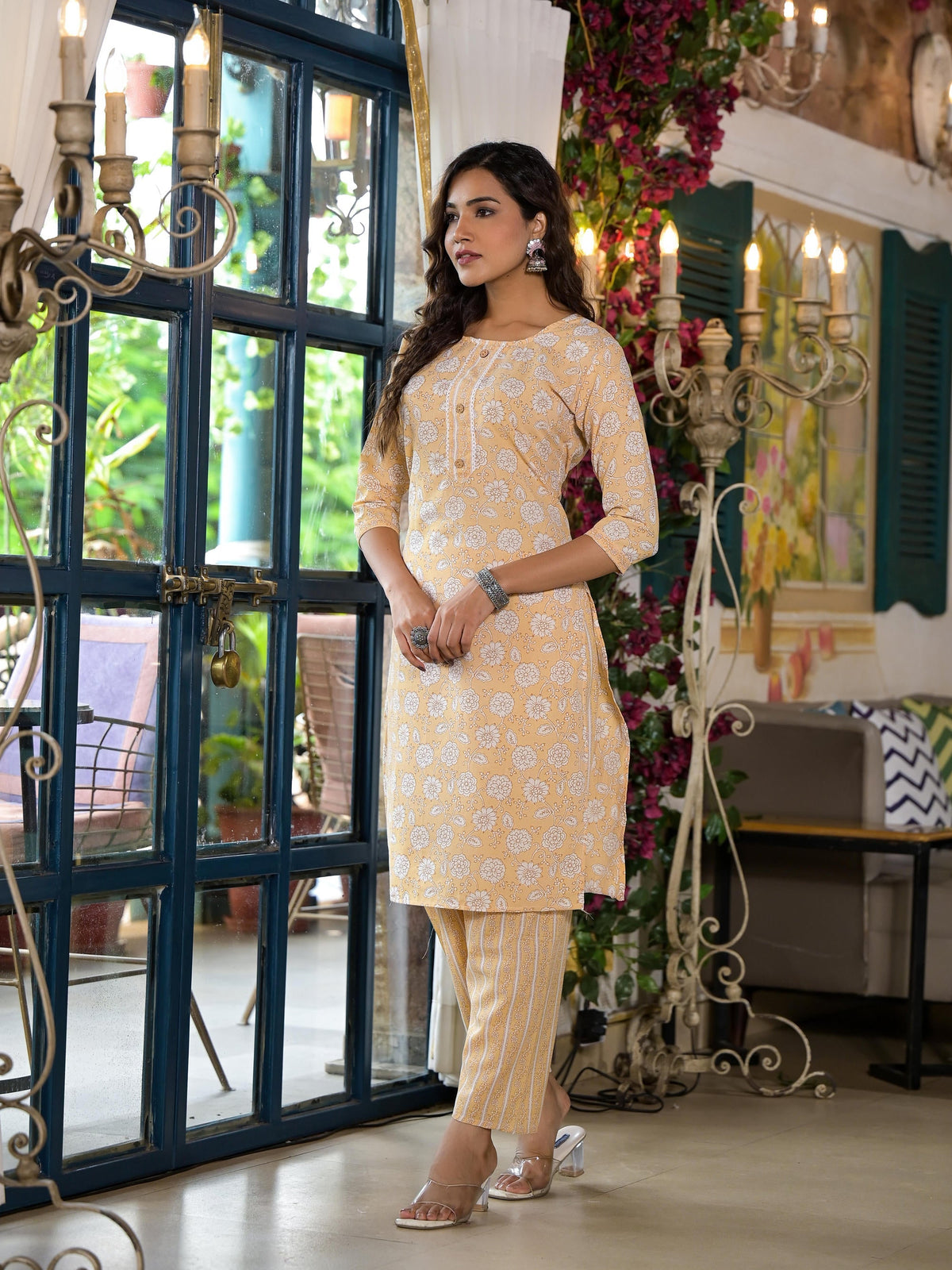 Juniper Women's Brown Floral Printed Cotton Kurta & Pant Set With Lace & Buttons | Grocsy