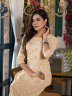 Juniper Women's Brown Floral Printed Cotton Kurta & Pant Set With Lace & Buttons | Grocsy