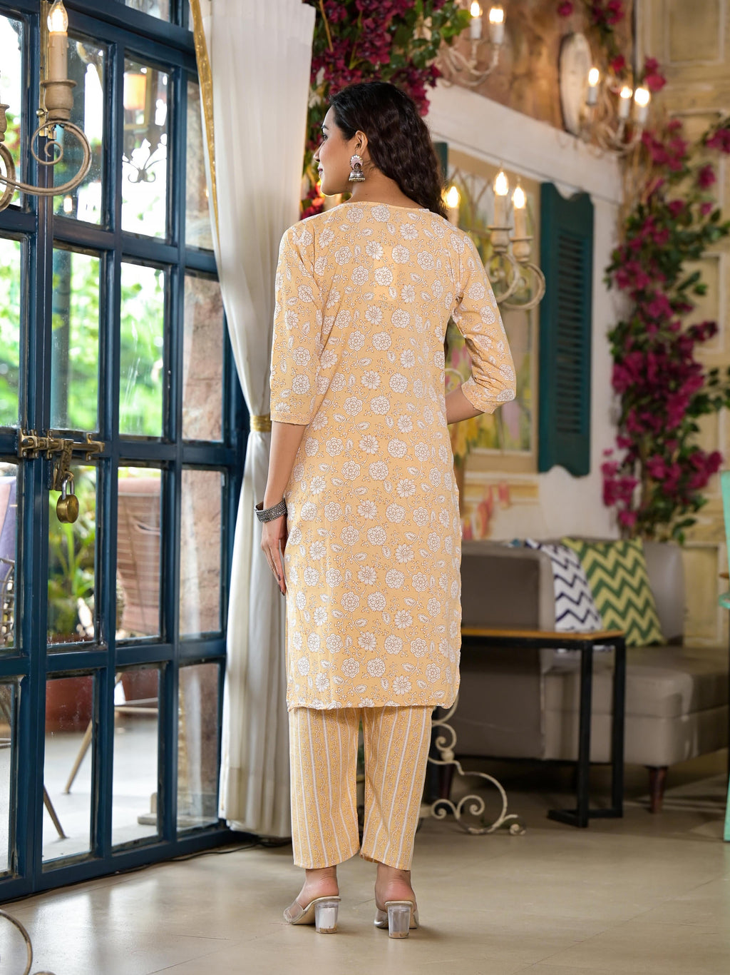 Juniper Women's Brown Floral Printed Cotton Kurta & Pant Set With Lace & Buttons | Grocsy