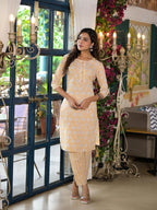 Juniper Women's Brown Floral Printed Cotton Kurta & Pant Set With Lace & Buttons | Grocsy