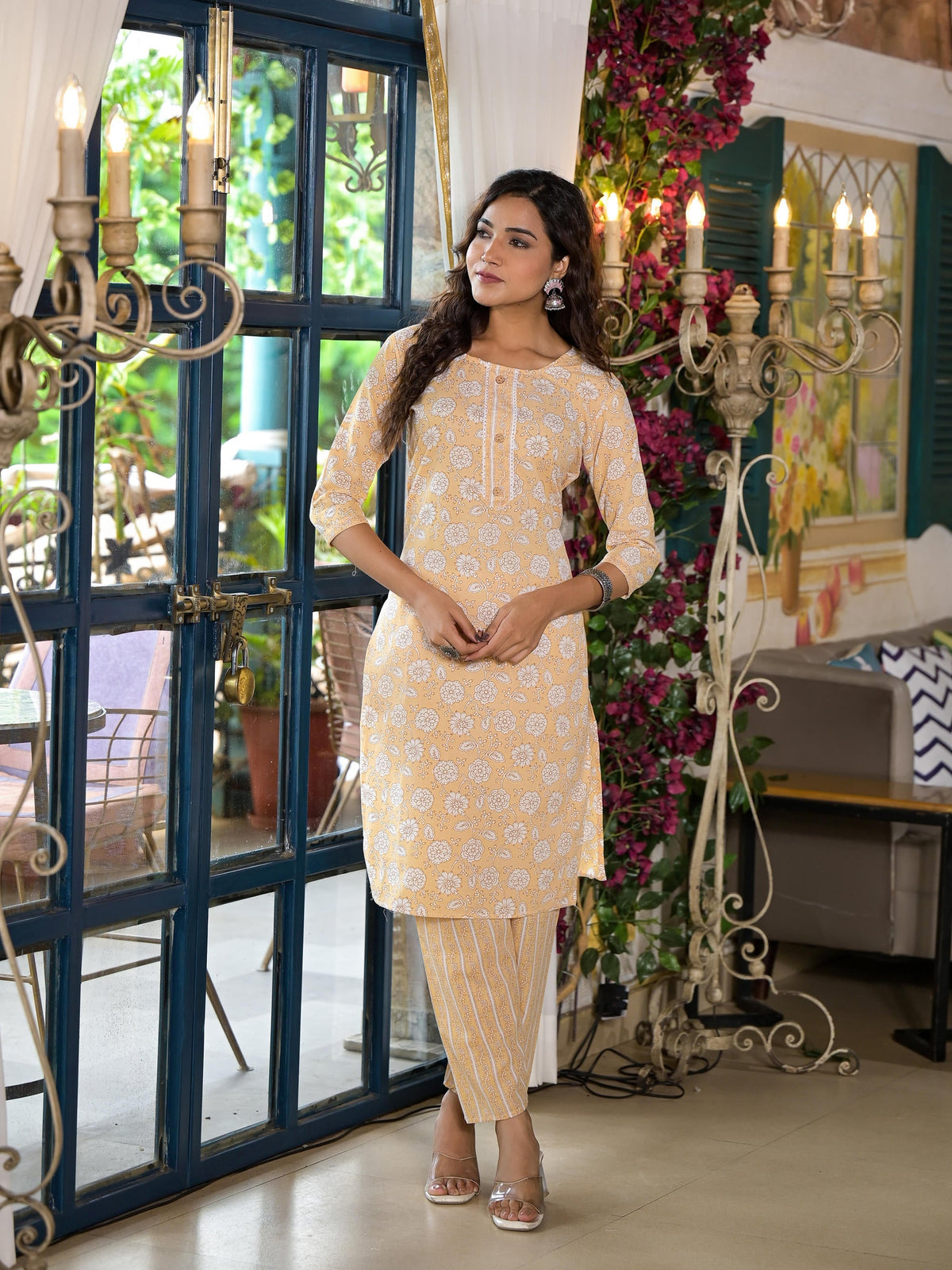 Juniper Women's Brown Floral Printed Cotton Kurta & Pant Set With Lace & Buttons | Grocsy