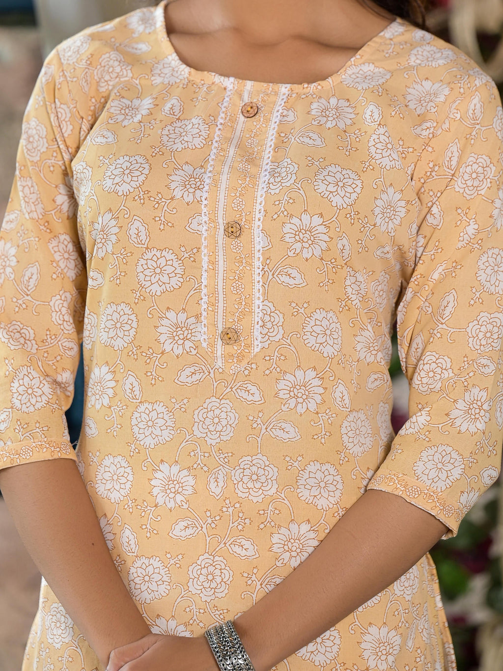 Juniper Women's Brown Floral Printed Cotton Kurta & Pant Set With Lace & Buttons | Grocsy