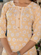 Juniper Women's Brown Floral Printed Cotton Kurta & Pant Set With Lace & Buttons | Grocsy