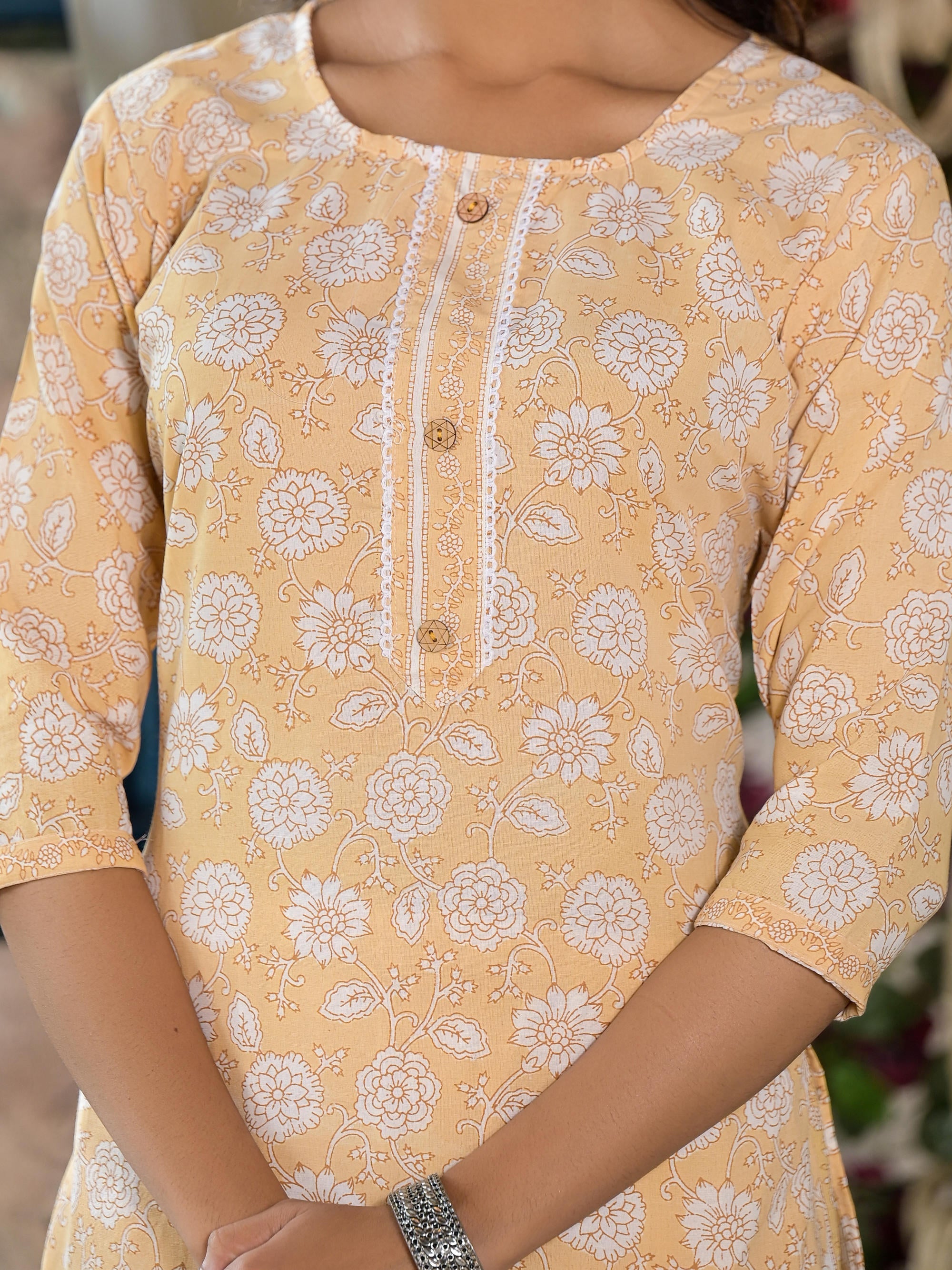 Juniper Women's Brown Floral Printed Cotton Kurta & Pant Set With Lace & Buttons | Grocsy