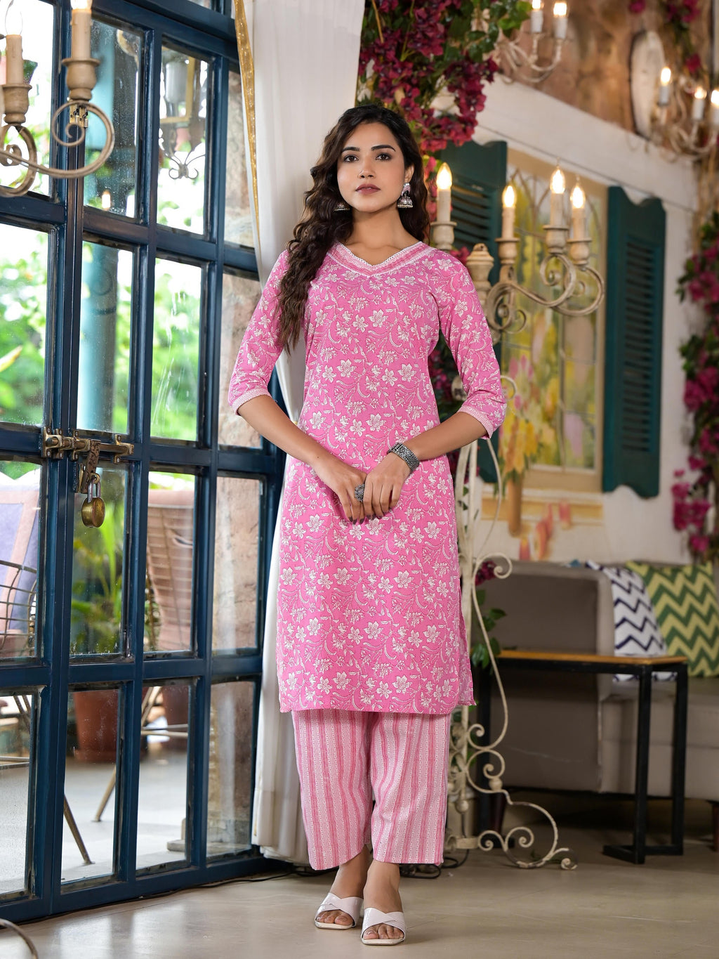 Juniper Women's Pink Floral Printed Cotton Kurta Set With Lace | Grocsy