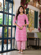 Juniper Women's Pink Floral Printed Cotton Kurta Set With Lace | Grocsy