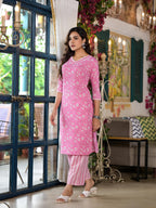 Juniper Women's Pink Floral Printed Cotton Kurta Set With Lace | Grocsy