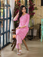 Juniper Women's Pink Floral Printed Cotton Kurta Set With Lace | Grocsy