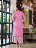 Juniper Women's Pink Floral Printed Cotton Kurta Set With Lace | Grocsy