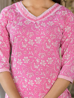 Juniper Women's Pink Floral Printed Cotton Kurta Set With Lace | Grocsy
