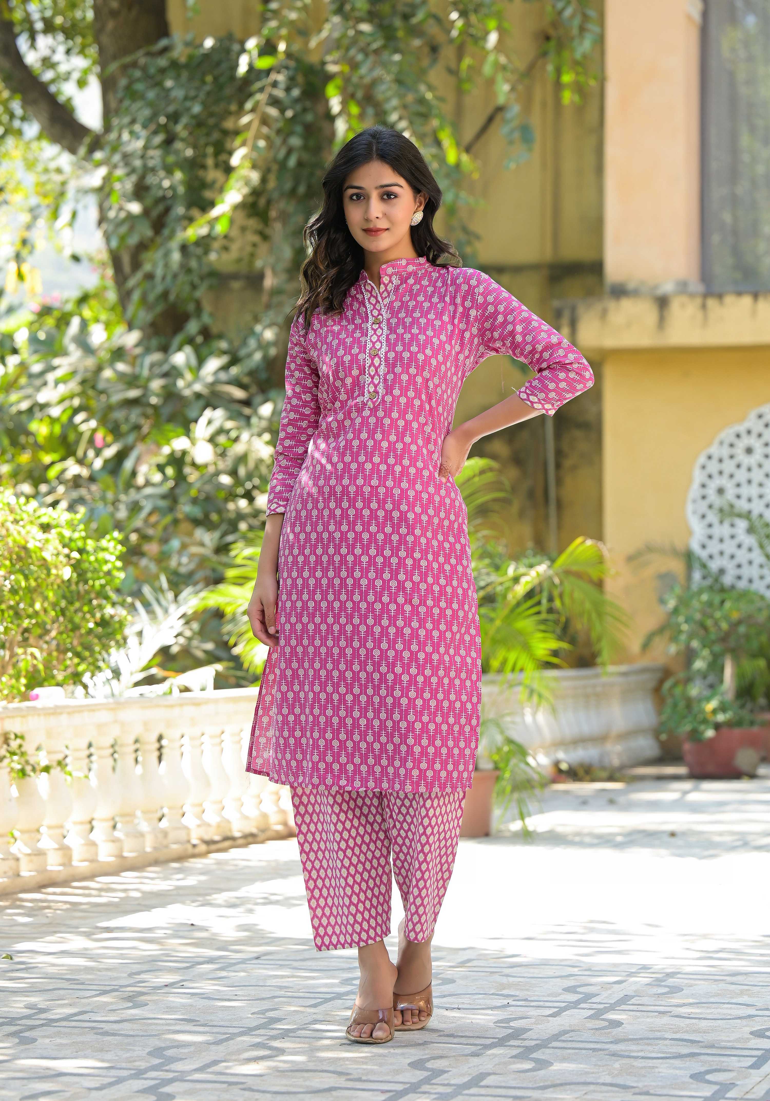 Juniper Women's Wine Floral Printed Cotton Kurta Set With Lace | Grocsy