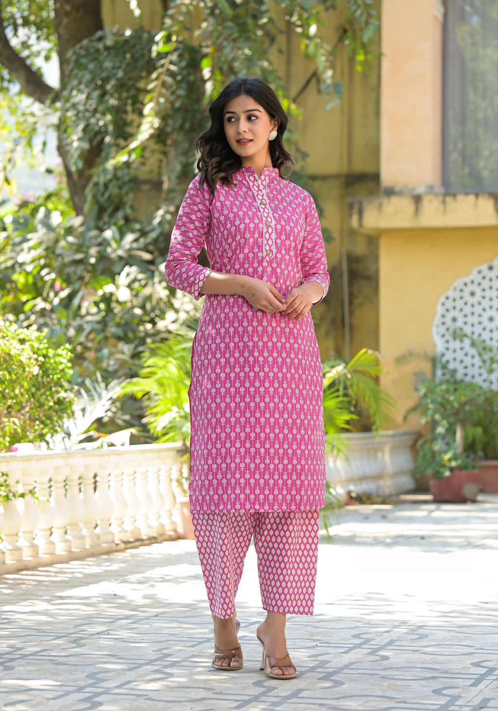 Juniper Women's Wine Floral Printed Cotton Kurta Set With Lace | Grocsy