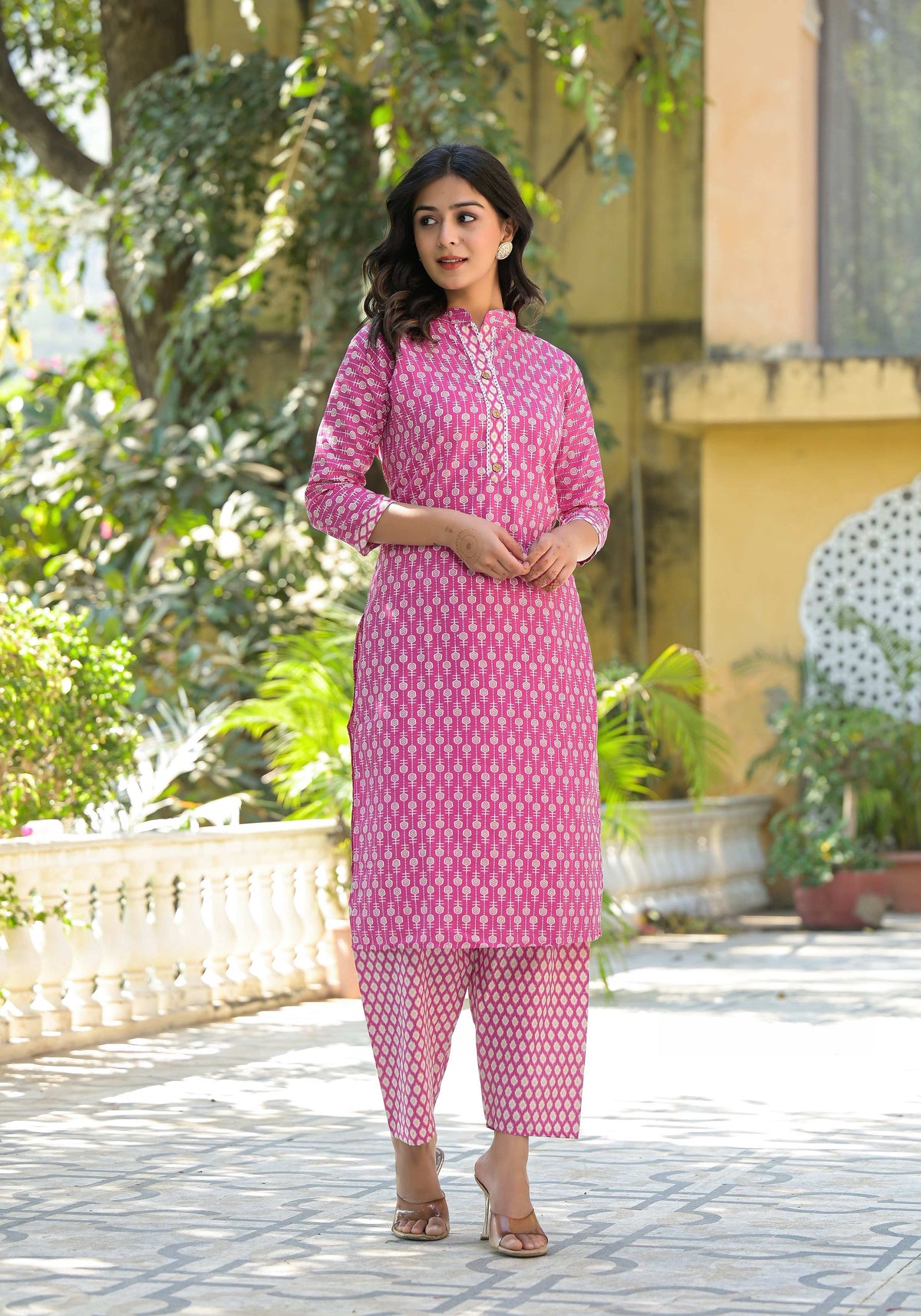 Juniper Women's Wine Floral Printed Cotton Kurta Set With Lace | Grocsy
