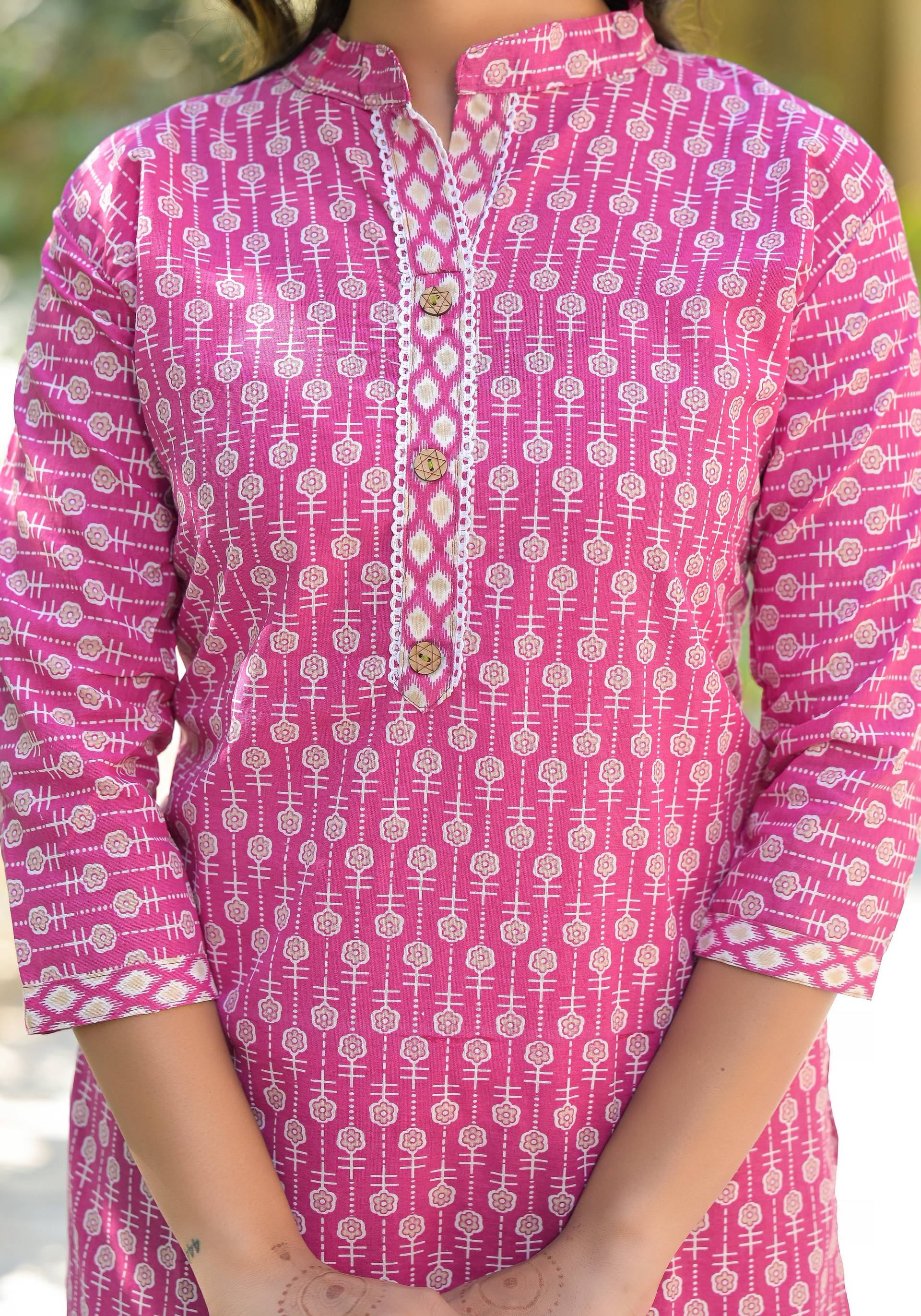 Juniper Women's Wine Floral Printed Cotton Kurta Set With Lace | Grocsy