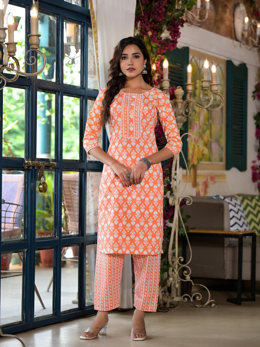 Juniper Women's Orange Ethnic Motif Printed Cotton Kurta & Pant Set With Lace | Grocsy