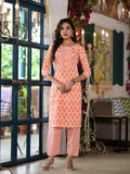 Juniper Women's Orange Ethnic Motif Printed Cotton Kurta & Pant Set With Lace | Grocsy