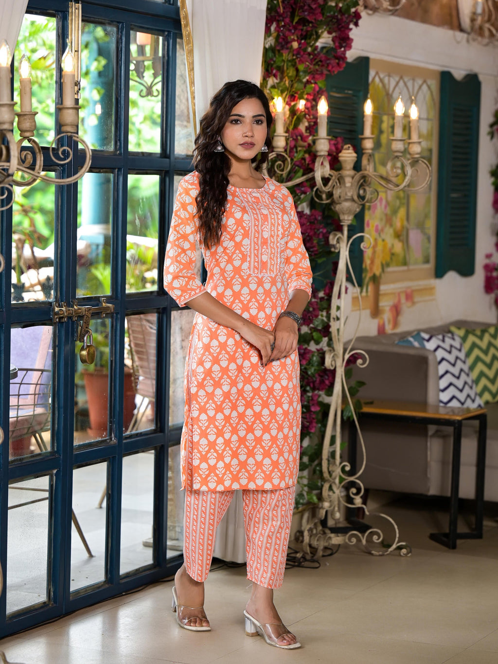 Juniper Women's Orange Ethnic Motif Printed Cotton Kurta & Pant Set With Lace | Grocsy