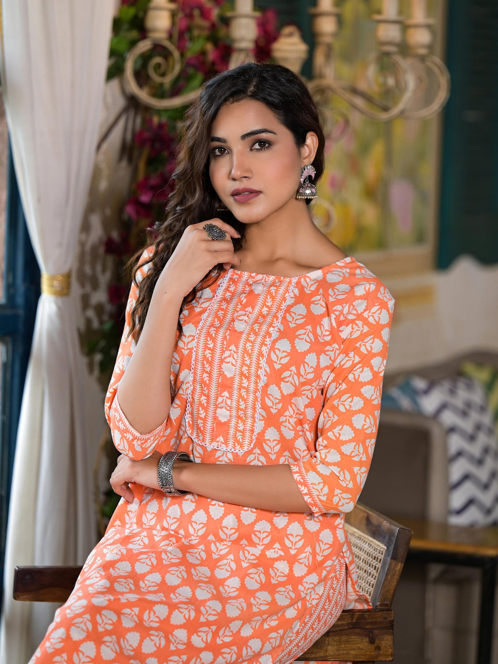 Juniper Women's Orange Ethnic Motif Printed Cotton Kurta & Pant Set With Lace | Grocsy