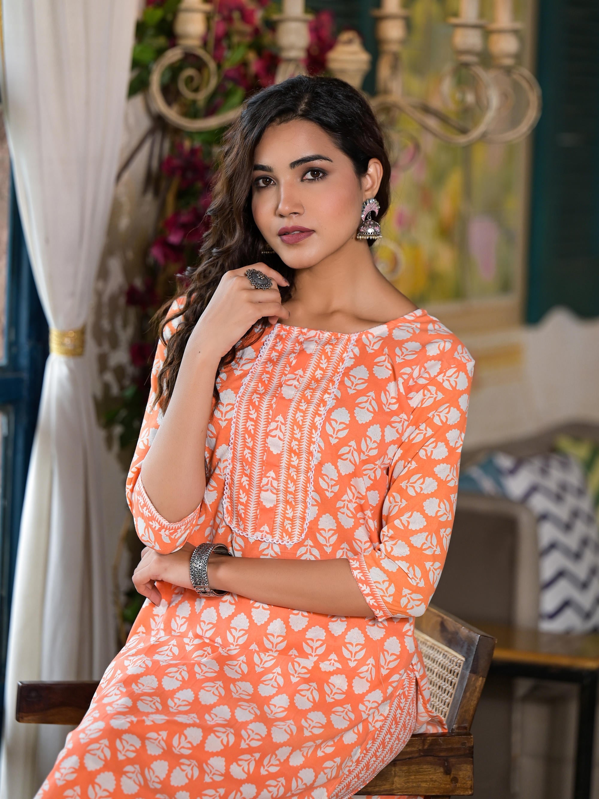 Juniper Women's Orange Ethnic Motif Printed Cotton Kurta & Pant Set With Lace | Grocsy