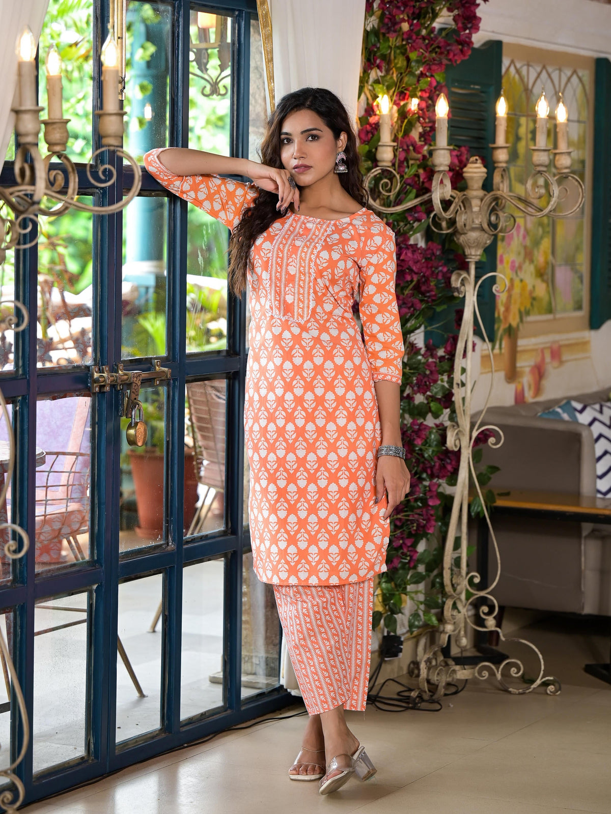 Juniper Women's Orange Ethnic Motif Printed Cotton Kurta & Pant Set With Lace | Grocsy