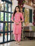 Juniper Women's Peach Floral Printed Cotton Kurta & Pant Set With Lace & Buttons | Grocsy