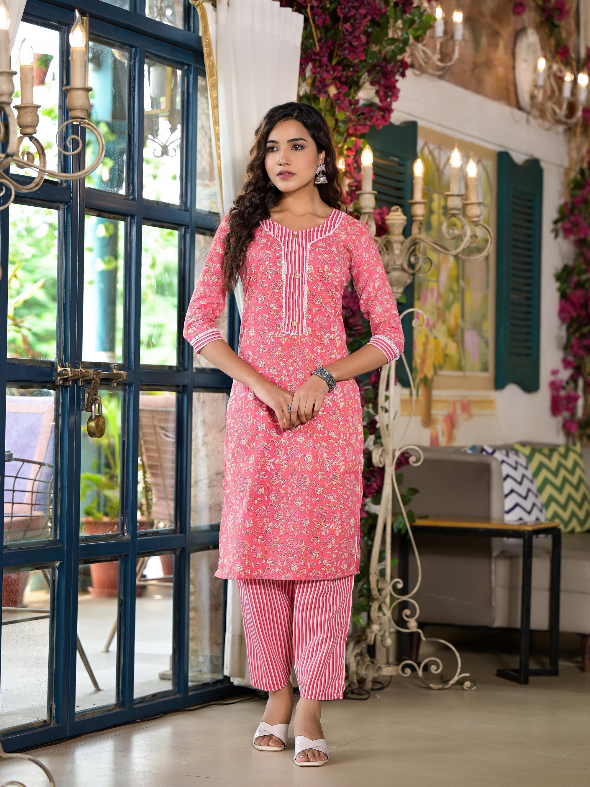 Juniper Women's Peach Floral Printed Cotton Kurta & Pant Set With Lace & Buttons | Grocsy